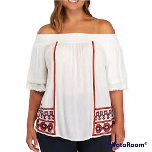 Crown & Ivy white embroidered gauze off shoulder peasant top